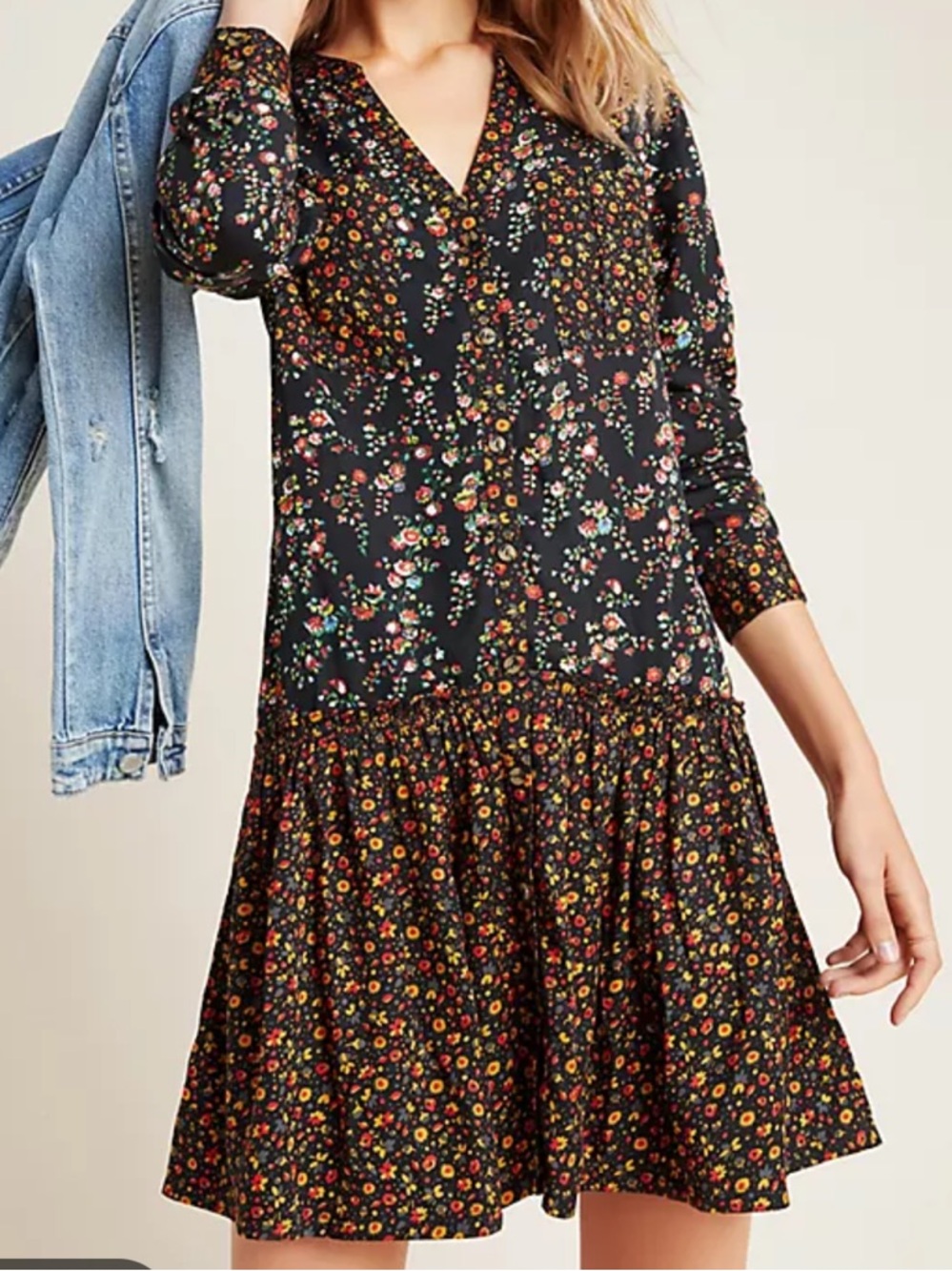 EUC Anthropologie Maeve Marlie Button Front Black Floral Chambray Dress Size 2